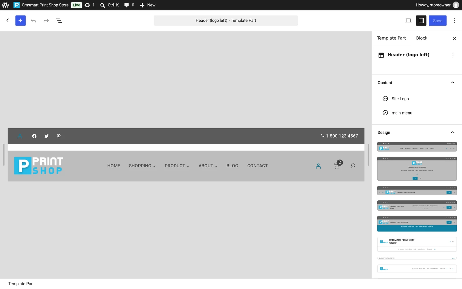 Site Editor open on the Header template part of a Cmsmart Store, with the Site Logo block and main menu