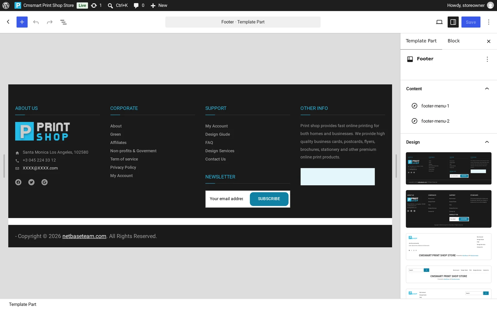 Site Editor open on the Footer template part of a Cmsmart Store, with footer columns, links and copyright