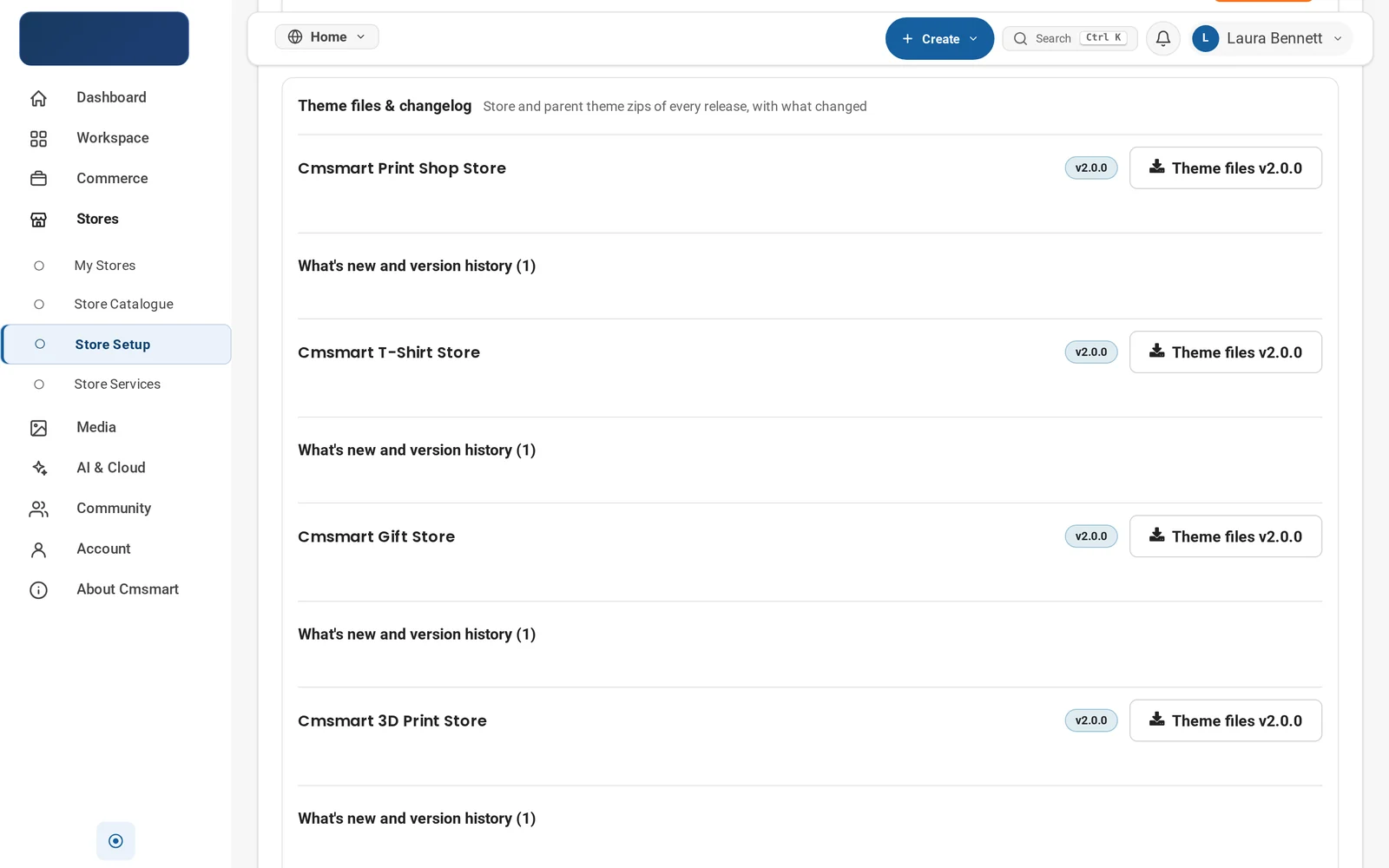 Cmsmart dashboard Theme files and changelog panel, listing Cmsmart Print Shop Store, T-Shirt Store, Gift Store and 3D Print Store with their version pills