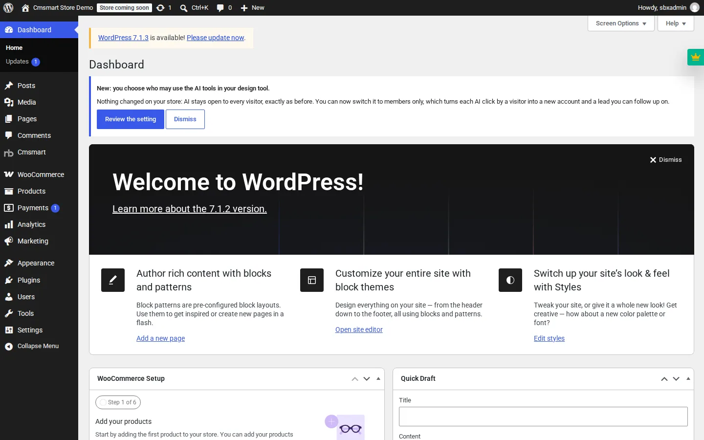 WordPress dashboard right after activating a Cmsmart Store, with Open site editor and Edit styles shortcuts