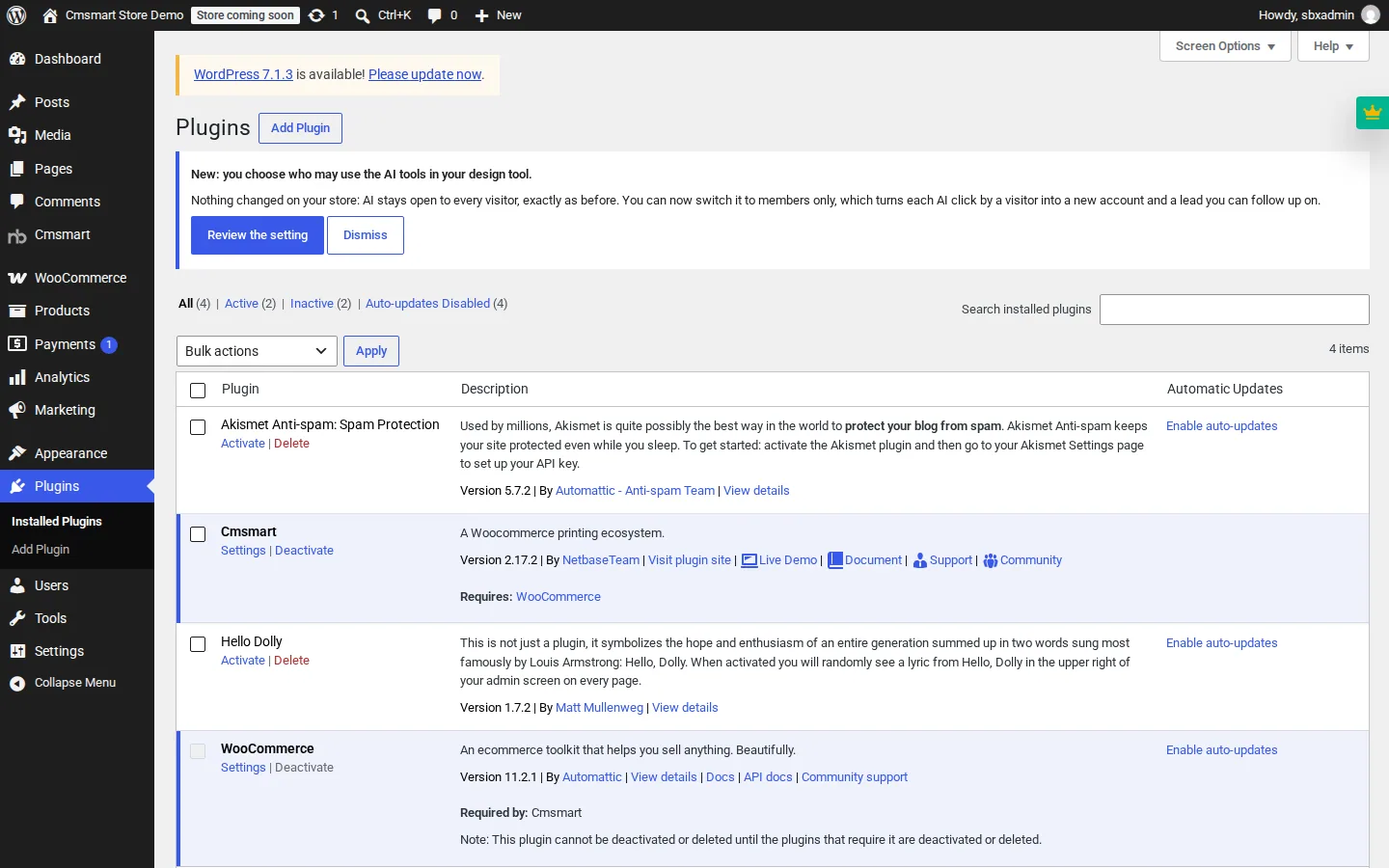 WordPress Plugins screen with WooCommerce and Cmsmart Product Designer both active, version 2.17.2