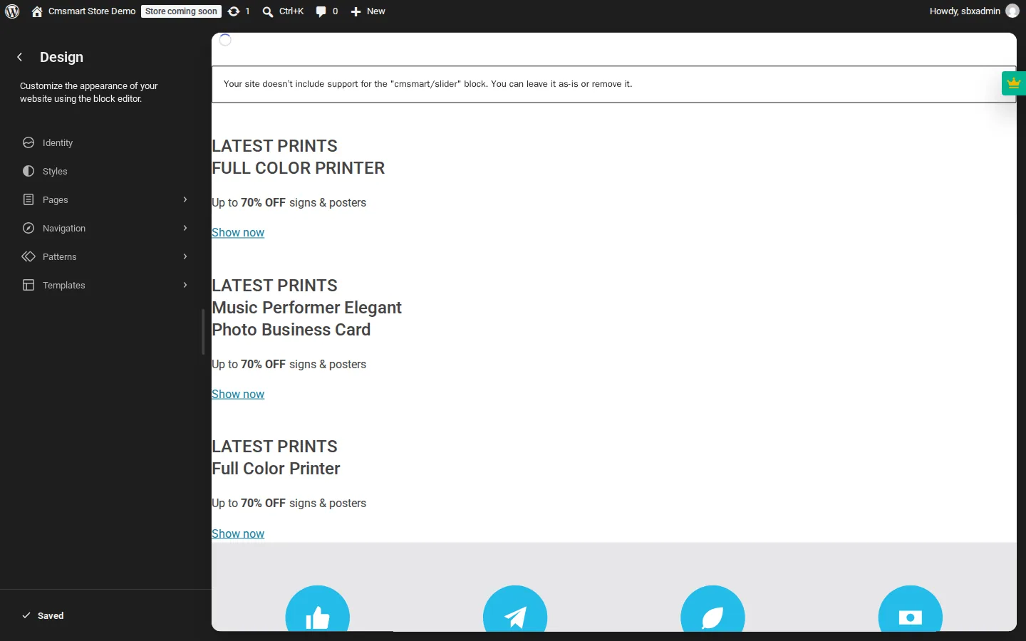 WordPress Site Editor used to customize WooCommerce block theme templates, showing the Cmsmart Store home template with starter pattern content