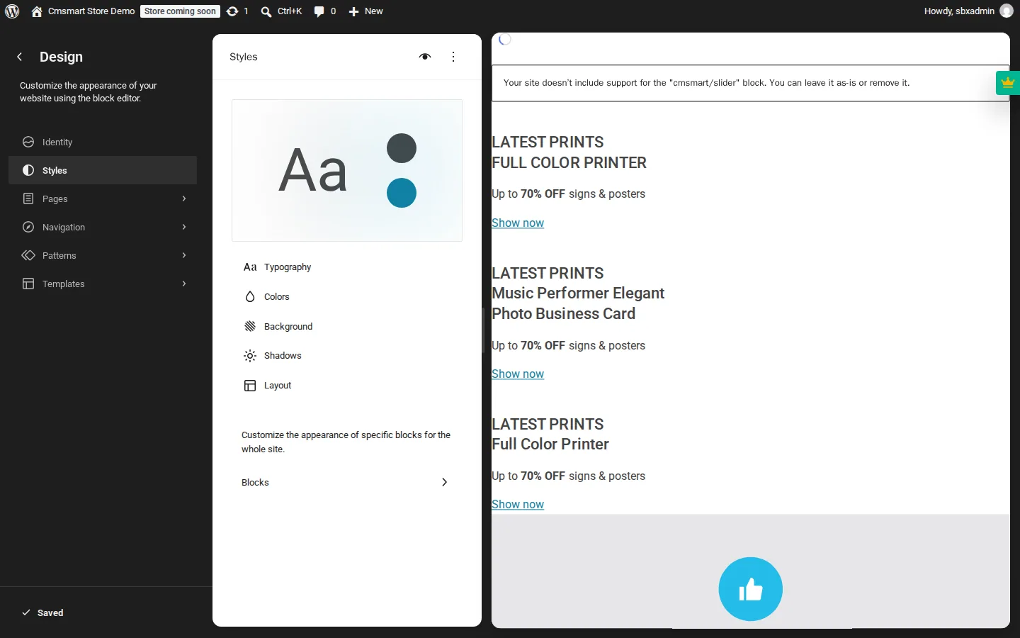 Site Editor Styles panel showing Typography, Colors, Background, Shadows and Layout sections