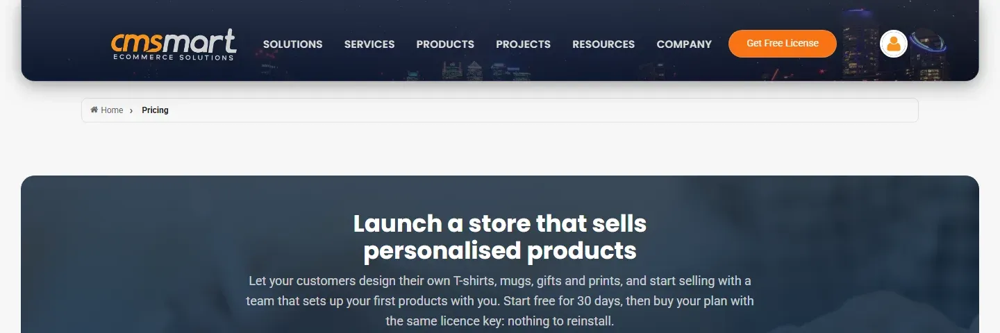 Cmsmart's WooCommerce product designer pricing page: start free for 30 days, then buy your plan with the same licence key