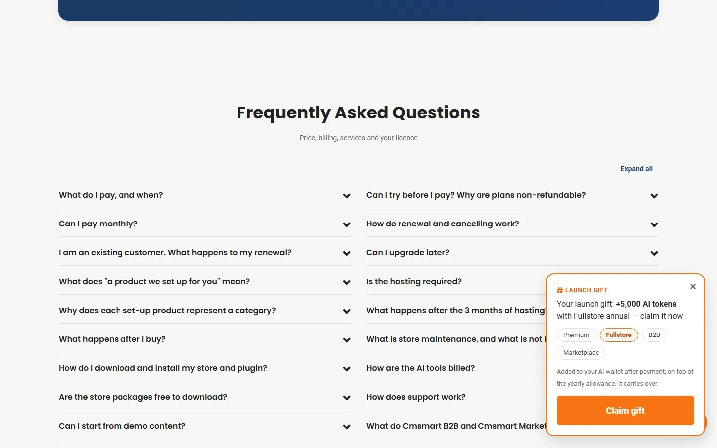 Cmsmart pricing FAQ panel confirming annual-only billing and the AI token launch gift
