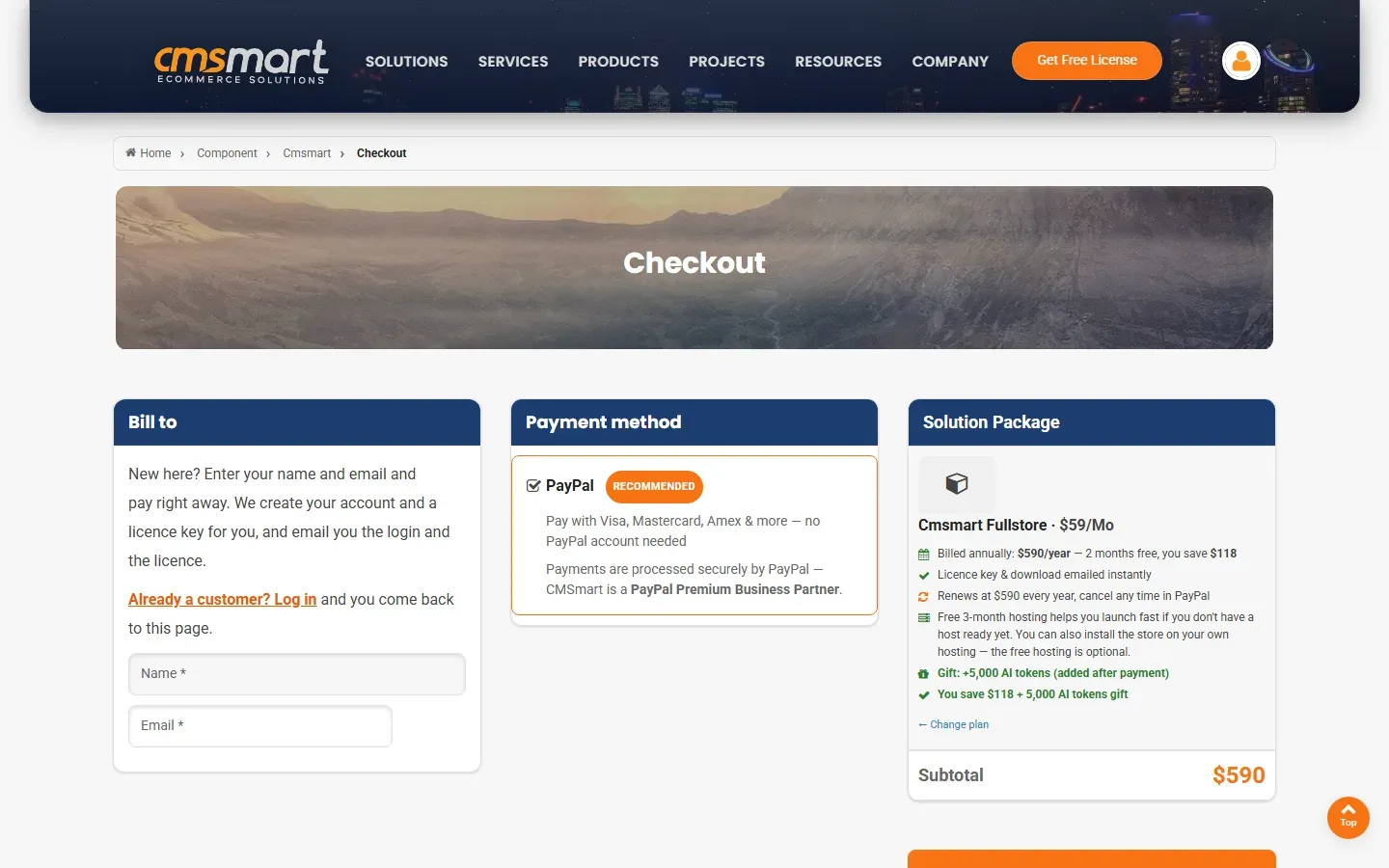 Cmsmart Fullstore plan cart showing the annual price, renewal terms and optional hosting