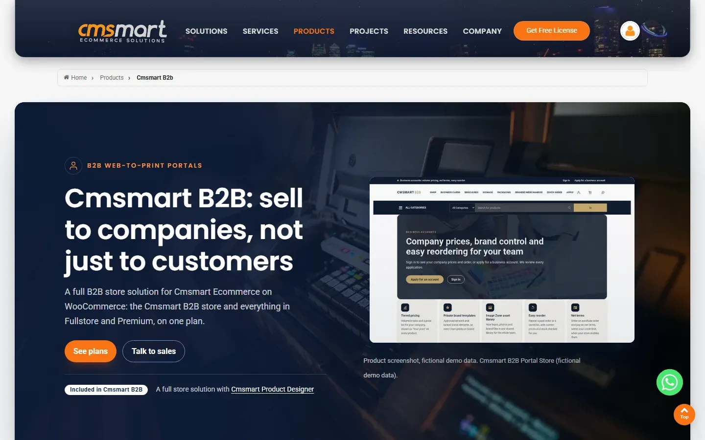 Cmsmart B2B product page positioning B2B as a full store solution built on the same product designer