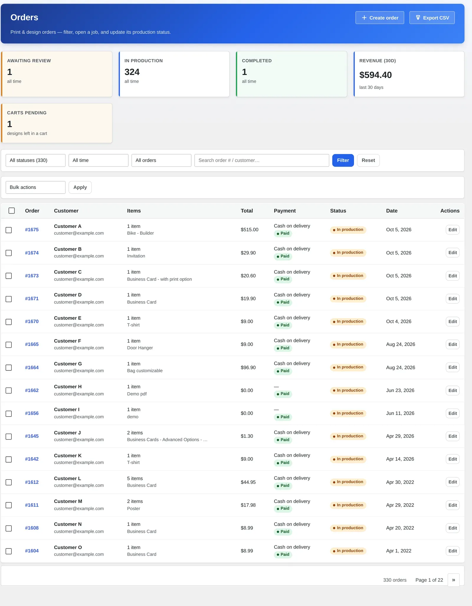 WooCommerce design order approval settings: Cmsmart Product Designer Orders dashboard with status and payment filters