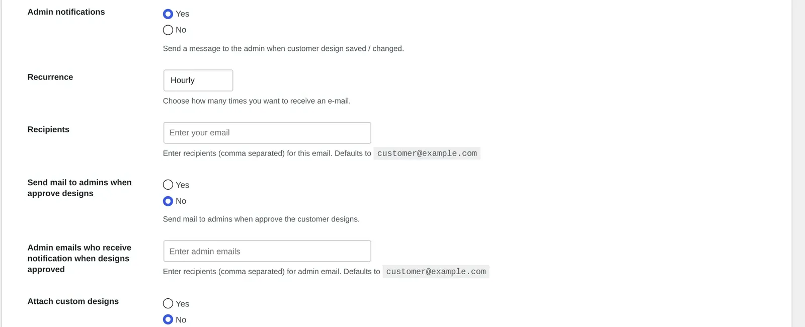 Cmsmart Settings General notification fields: admin notifications, recurrence, recipients and send mail to admins when approve designs