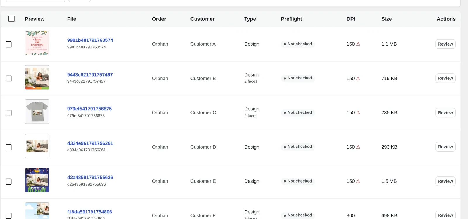 Screen to manage customer design files WooCommerce stores generate, with Preview, File, Order, Customer, Type, Preflight, DPI, Size and Actions columns