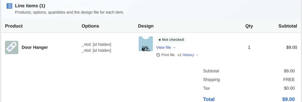 WooCommerce order line item showing the customer design, preflight status, View file link and v1 History link