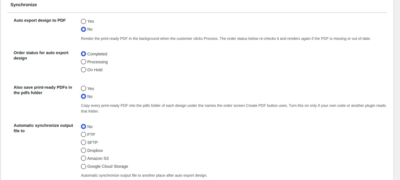 Settings Output Synchronize section with Auto export design to PDF, pdfs folder mirror, and automatic synchronize to FTP, SFTP, Dropbox, Amazon S3 or Google Cloud Storage