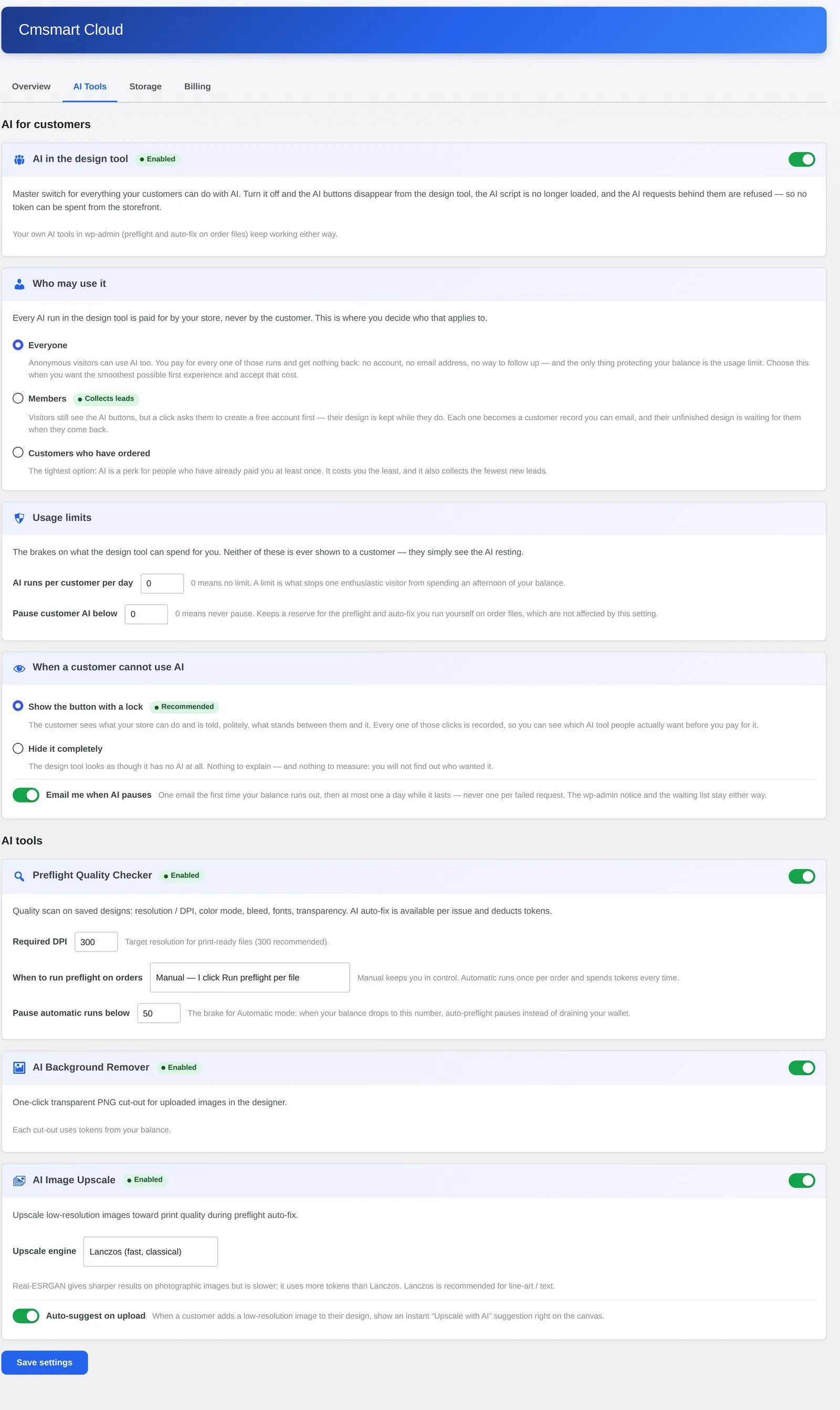 Cmsmart Cloud AI Tools tab showing the master AI switch, audience setting, usage limits and the Preflight Quality Checker, AI Background Remover and AI Image Upscale panels