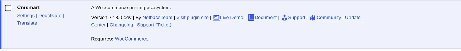Cmsmart Product Designer active plugin row in WP Admin Plugins showing version 2.18.0-dev
