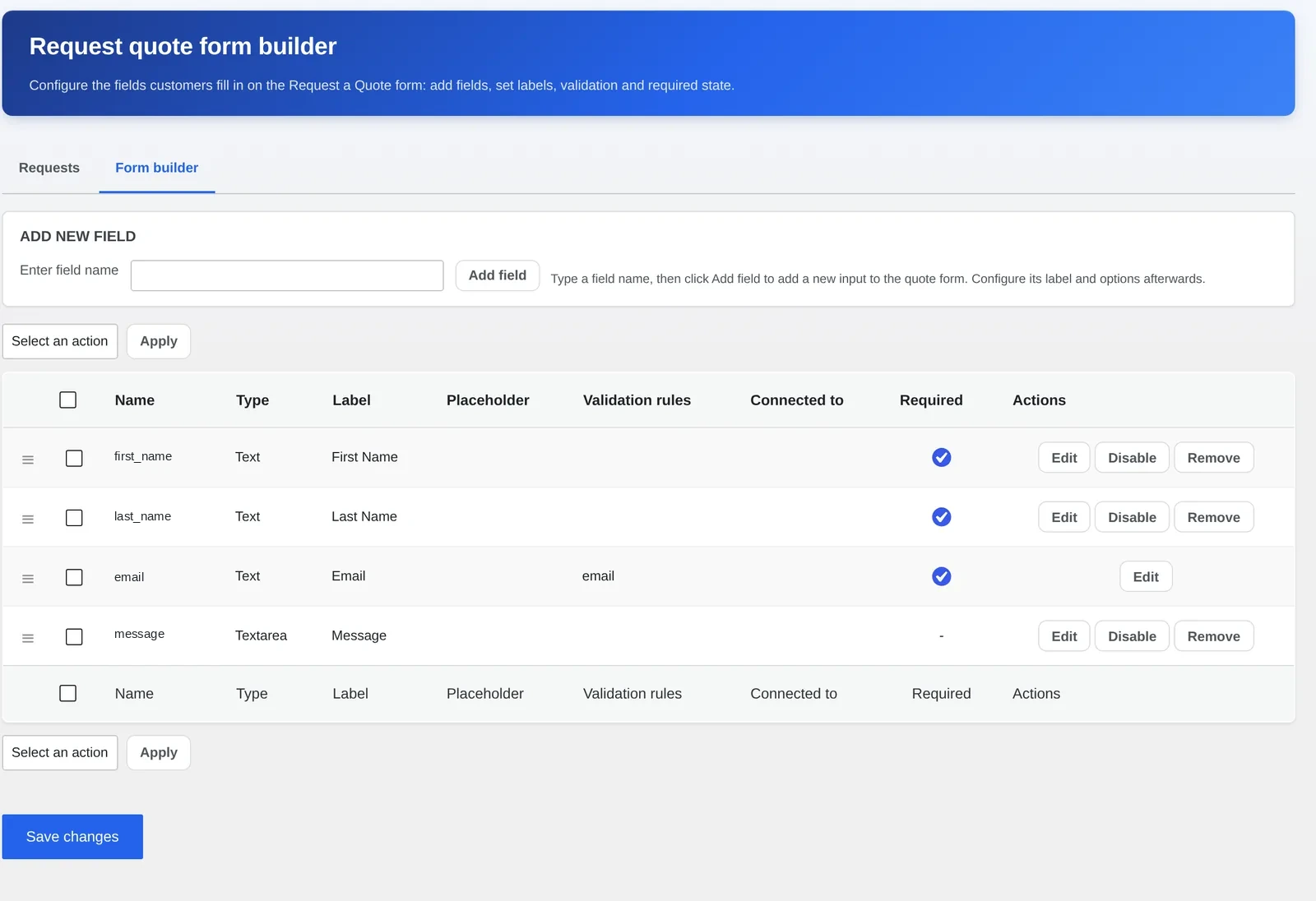 Cmsmart Request quote form builder for the WooCommerce custom quote form builder: field list with Name, Type, Label, Placeholder, Validation rules, Connected to and Required columns