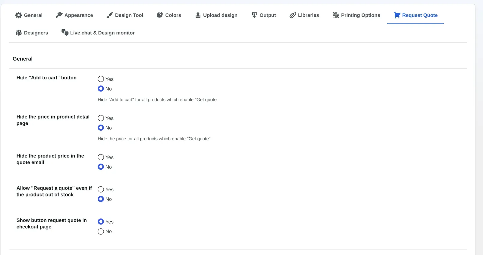 Cmsmart Settings General tab for Request Quote: Hide Add to cart button, hide price, hide price in quote email, allow request quote out of stock, and show request quote button in checkout