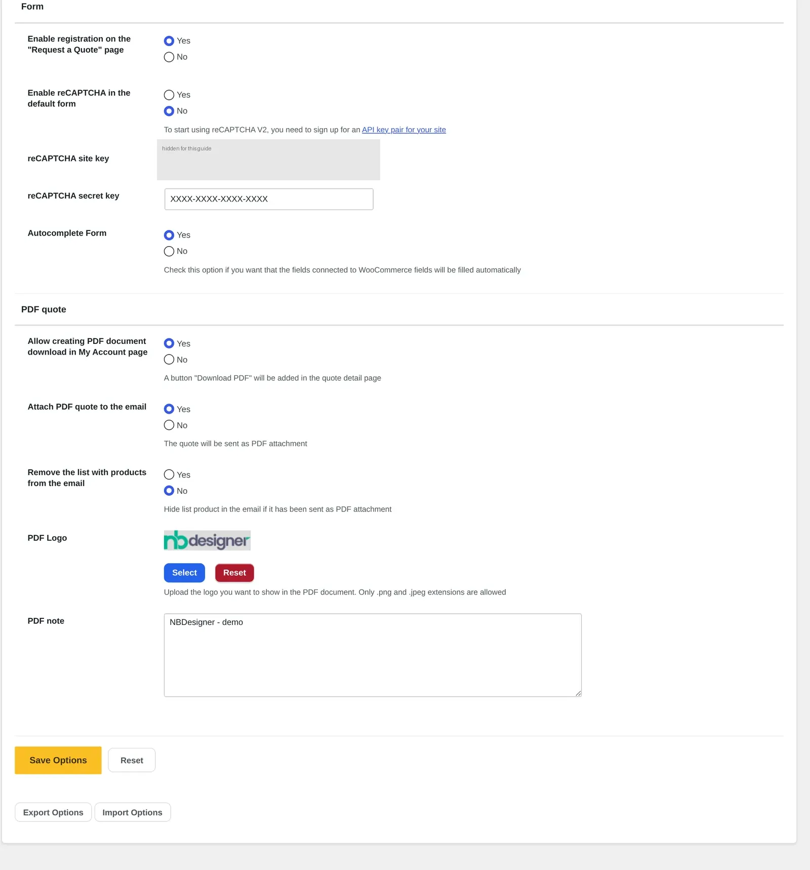 Cmsmart Settings Form and PDF quote tabs: enable registration, reCAPTCHA, autocomplete form, PDF download in My Account, attach PDF to email, PDF logo and PDF note fields