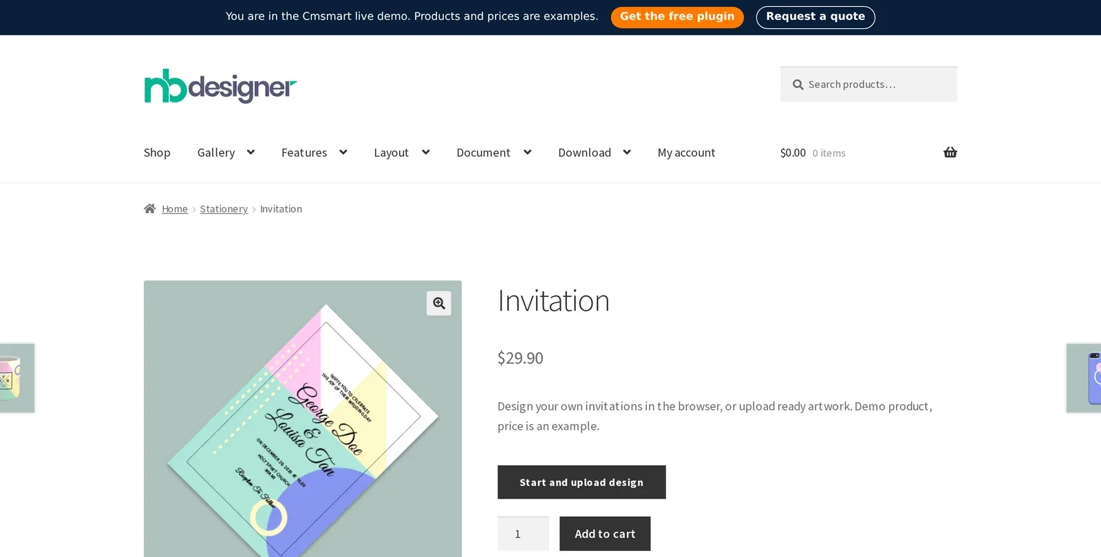 WooCommerce product page storefront showing the price and Add to cart button visible together with a sitewide Request a quote link, matching the Hide price and Hide Add to cart settings set to No