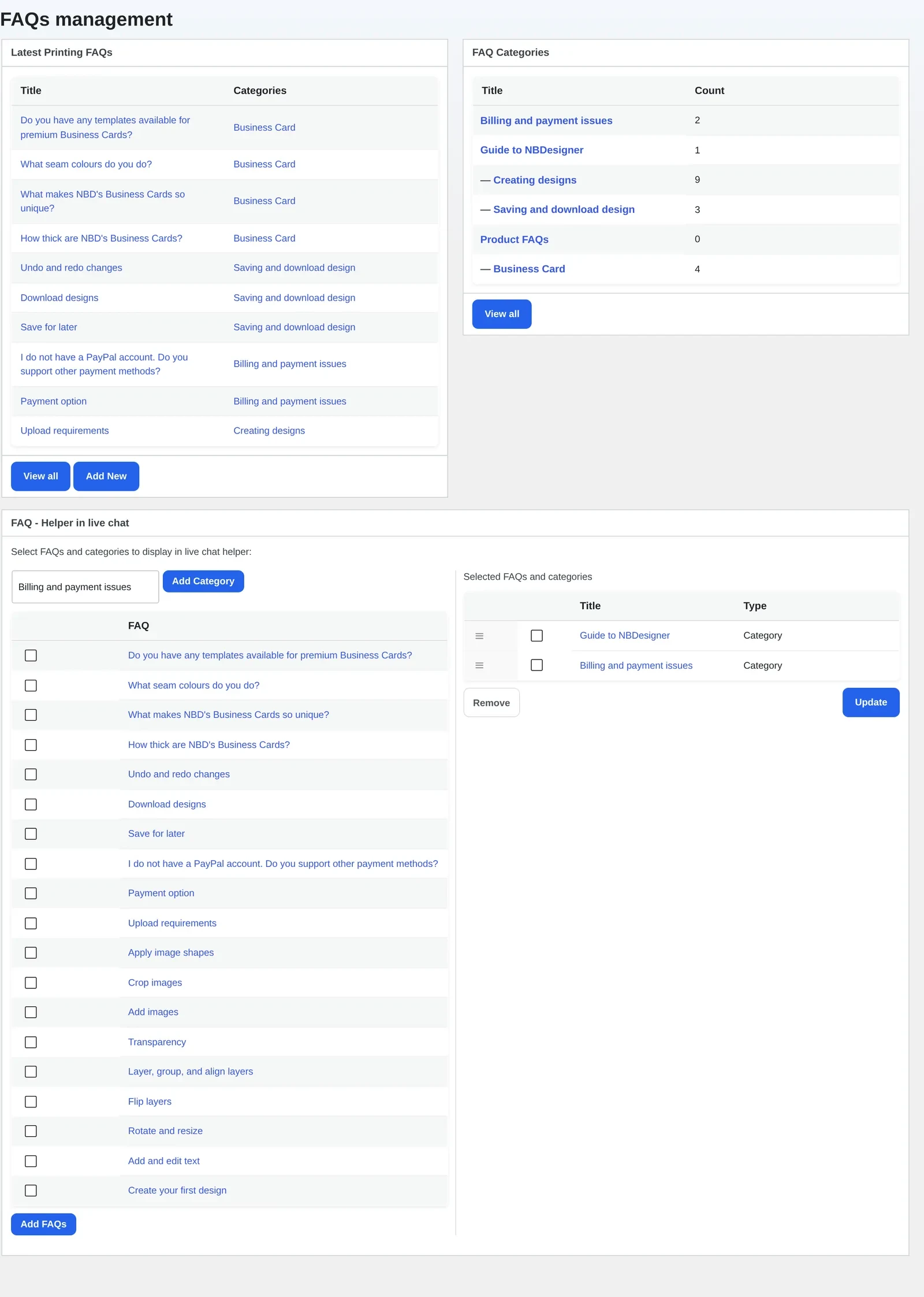 Cmsmart Printing FAQs screen, the product FAQ WooCommerce print shop admins use to manage FAQ library, categories and the live chat helper
