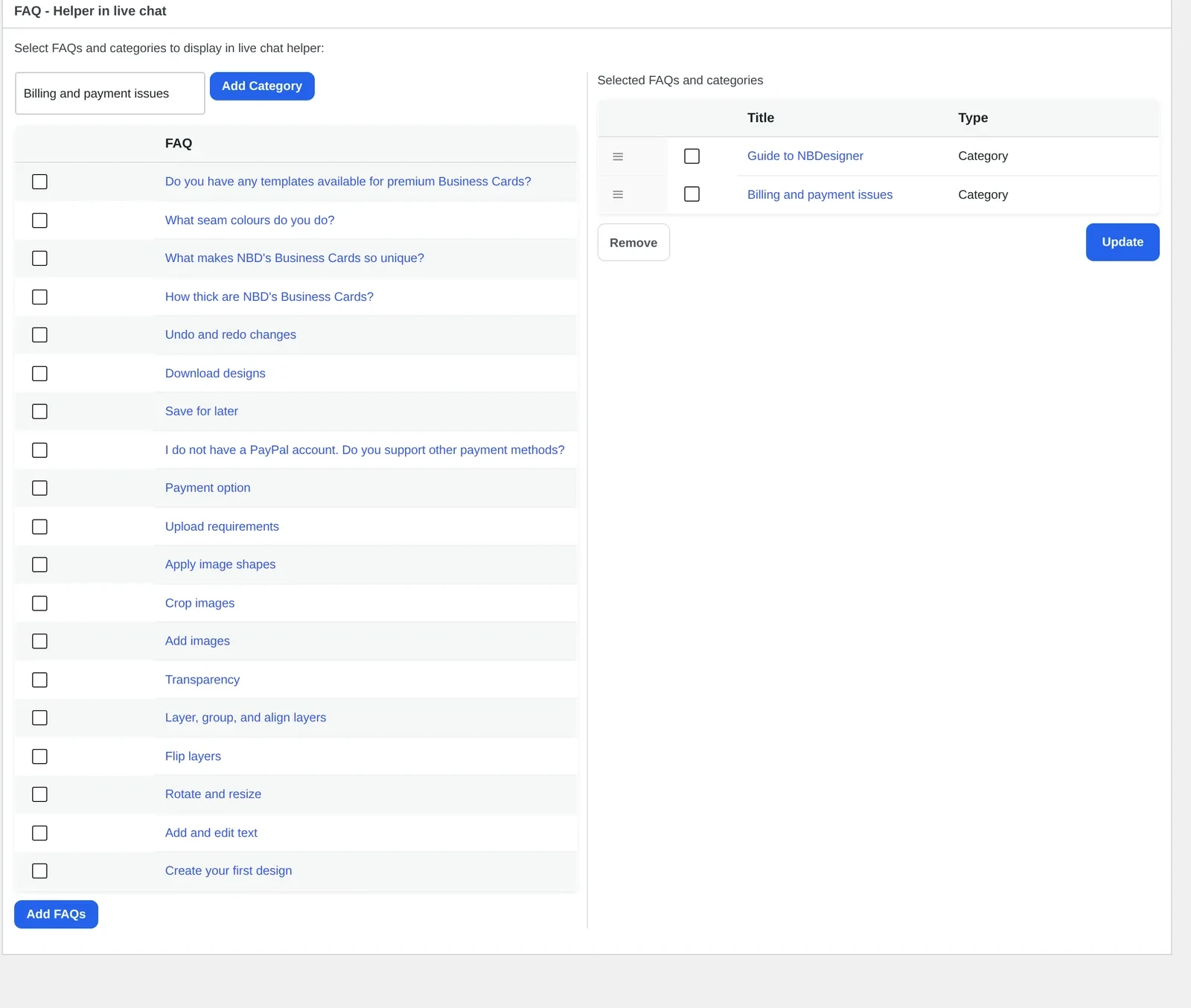 FAQ - Helper in live chat panel: Add Category field, FAQ checklist and Selected FAQs and categories list in Cmsmart Product Designer