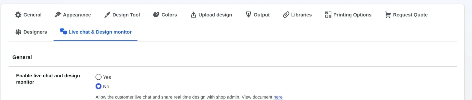 Enable live chat and design monitor setting in Cmsmart Product Designer Settings, the switch a product FAQ WooCommerce print shop must turn on