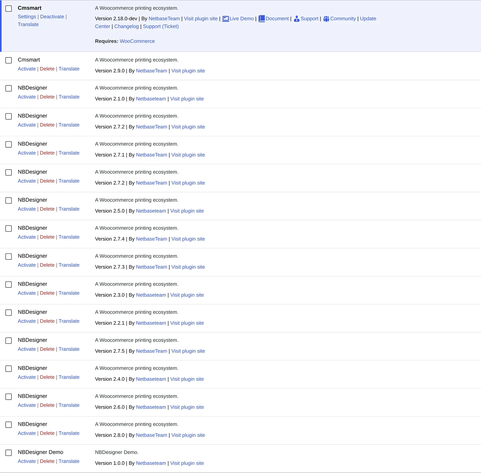 Cmsmart Product Designer plugin row in WP Admin Plugins screen showing version 2.18.0-dev active