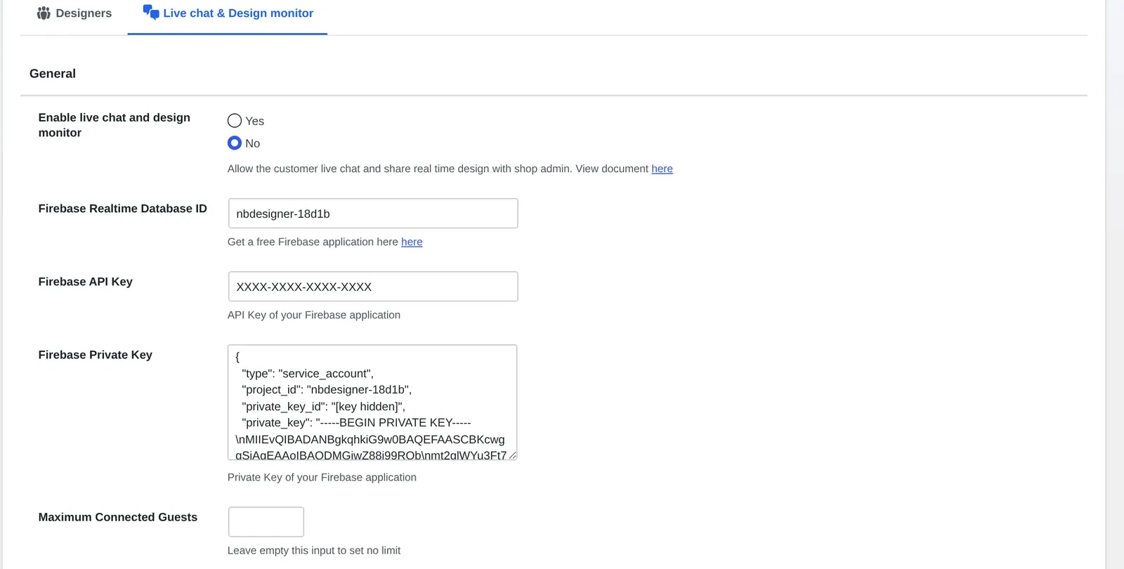 Live chat design monitor WooCommerce settings tab in Cmsmart Product Designer showing the General panel with Enable live chat toggle and Firebase Realtime Database fields