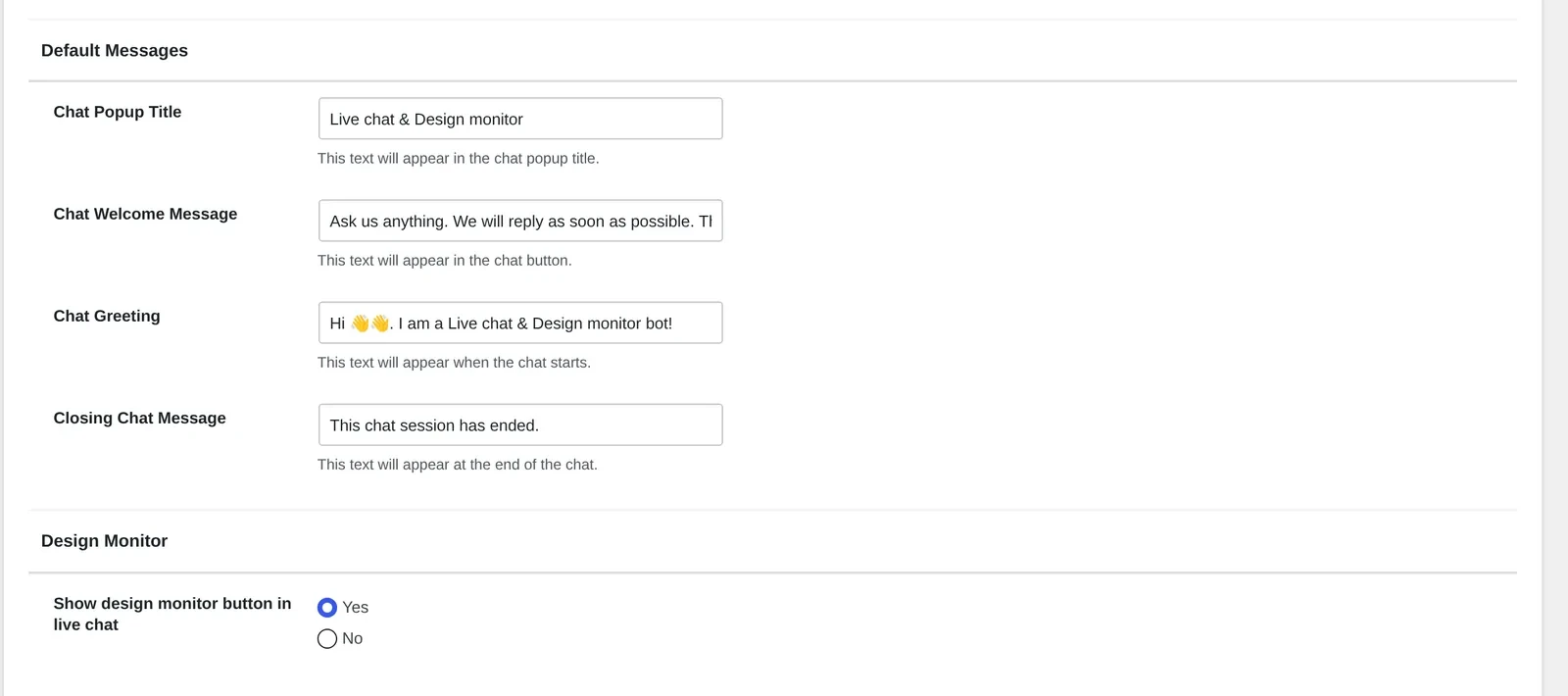 Cmsmart Product Designer Default Messages and Design Monitor panels showing chat popup title, welcome message, greeting and the show design monitor button toggle