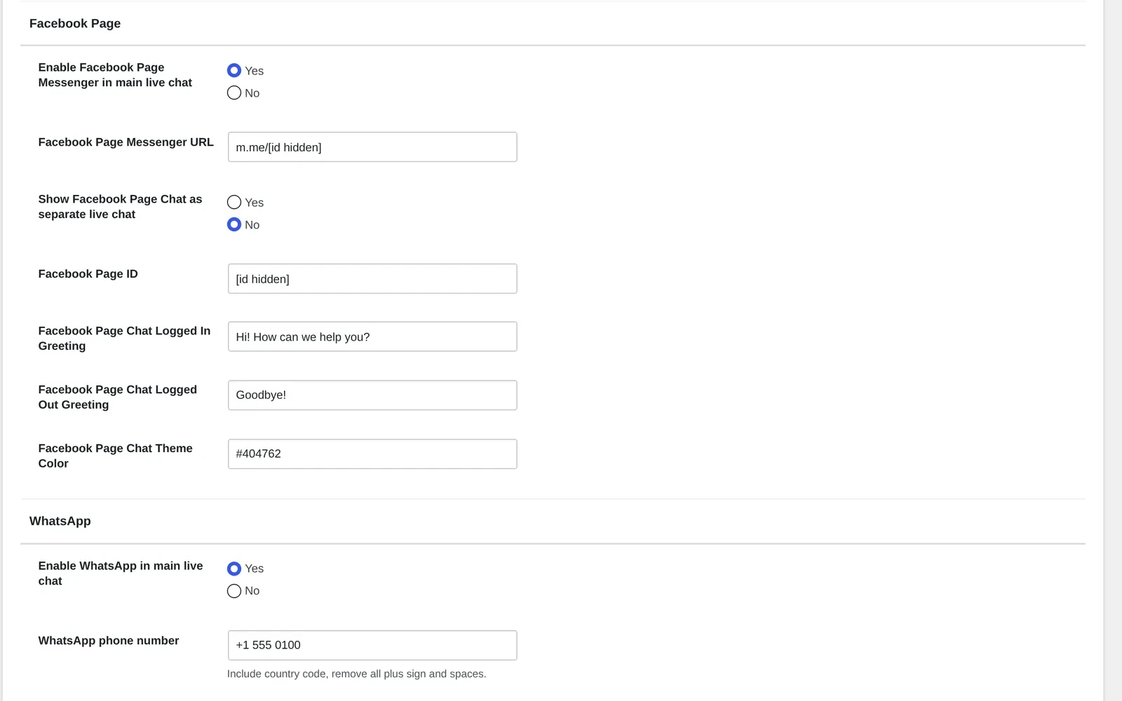 Facebook Page Messenger and WhatsApp channel settings inside the live chat design monitor WooCommerce tab, including page ID, greetings and WhatsApp phone number fields