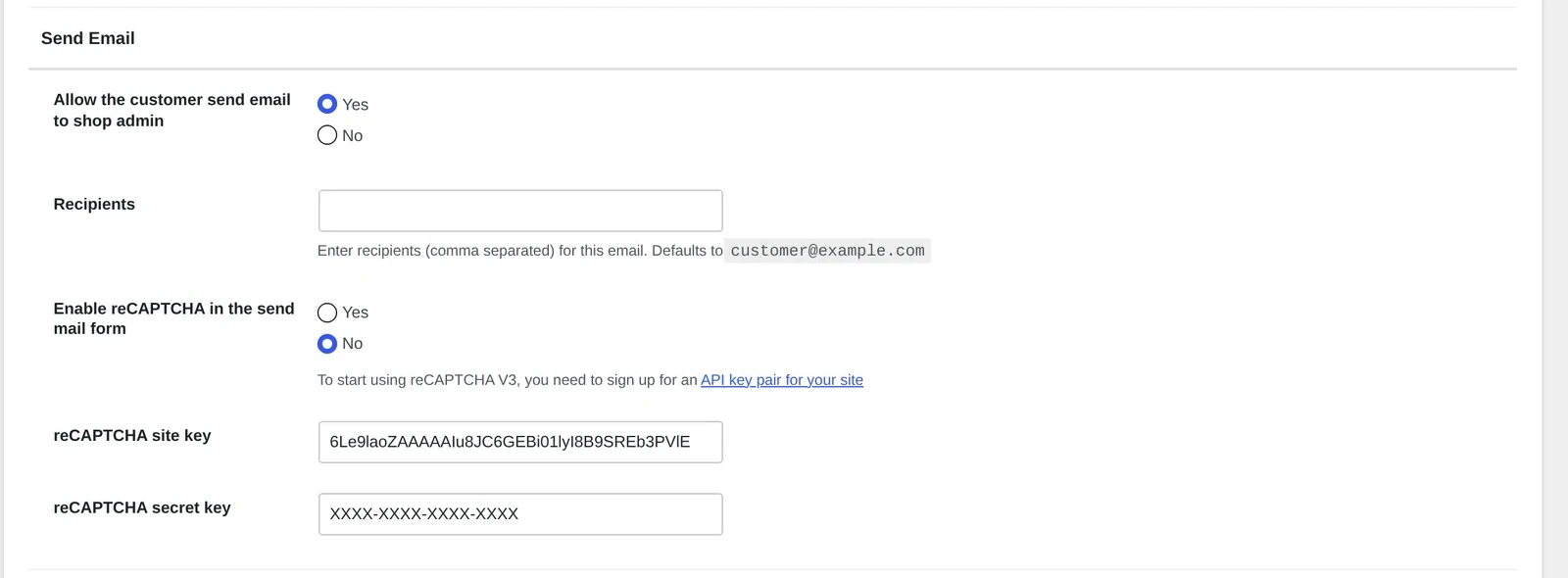 Send Email fallback settings in Cmsmart Product Designer live chat tab showing recipients field and reCAPTCHA options