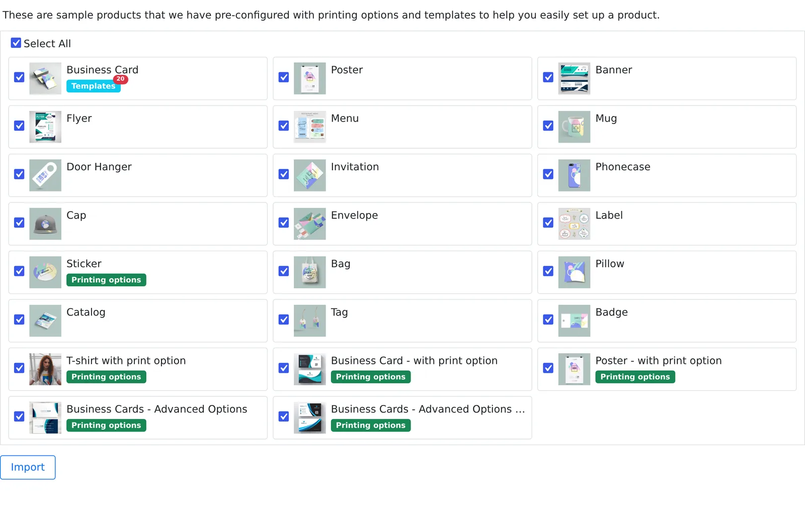 Import sample products woocommerce product designer checklist screen with Select All and 23 pre-configured demo products