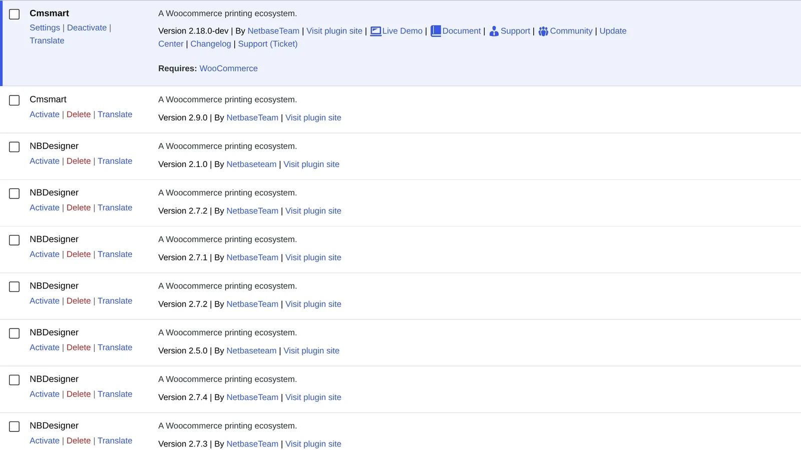 Cmsmart Product Designer plugin active on the WordPress Plugins screen with its version number shown