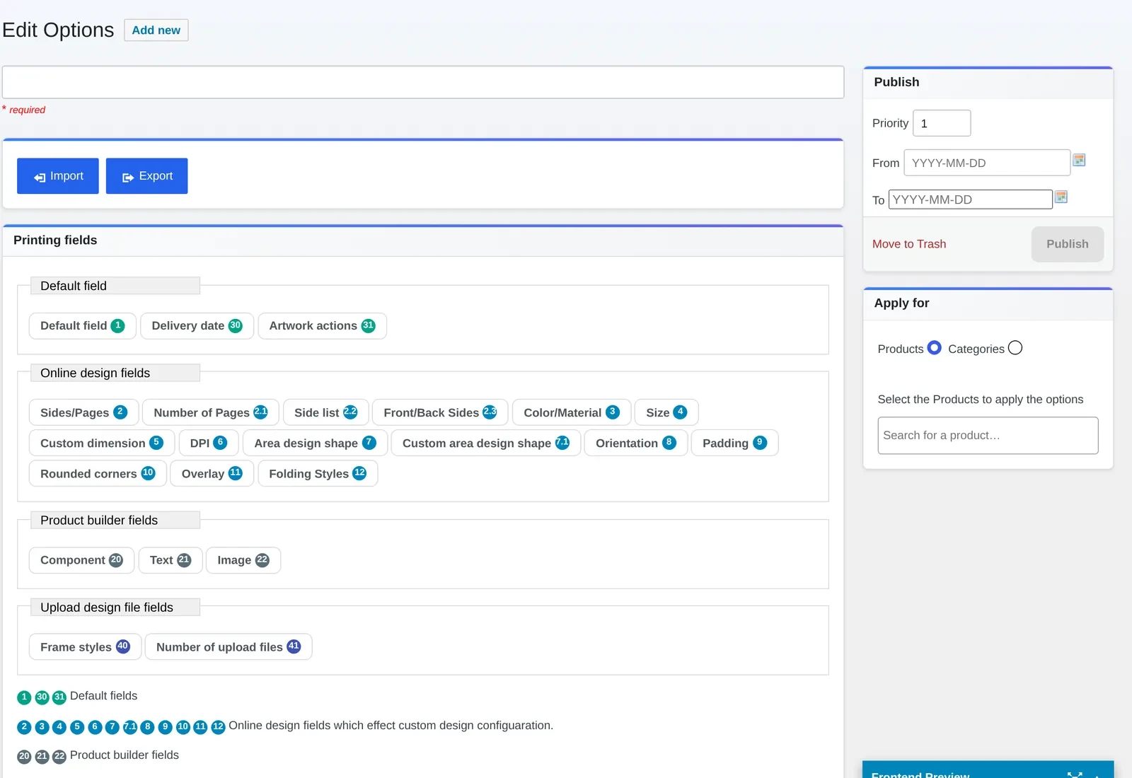 Printing option editor in Cmsmart showing the fields available for building a price matrix rule