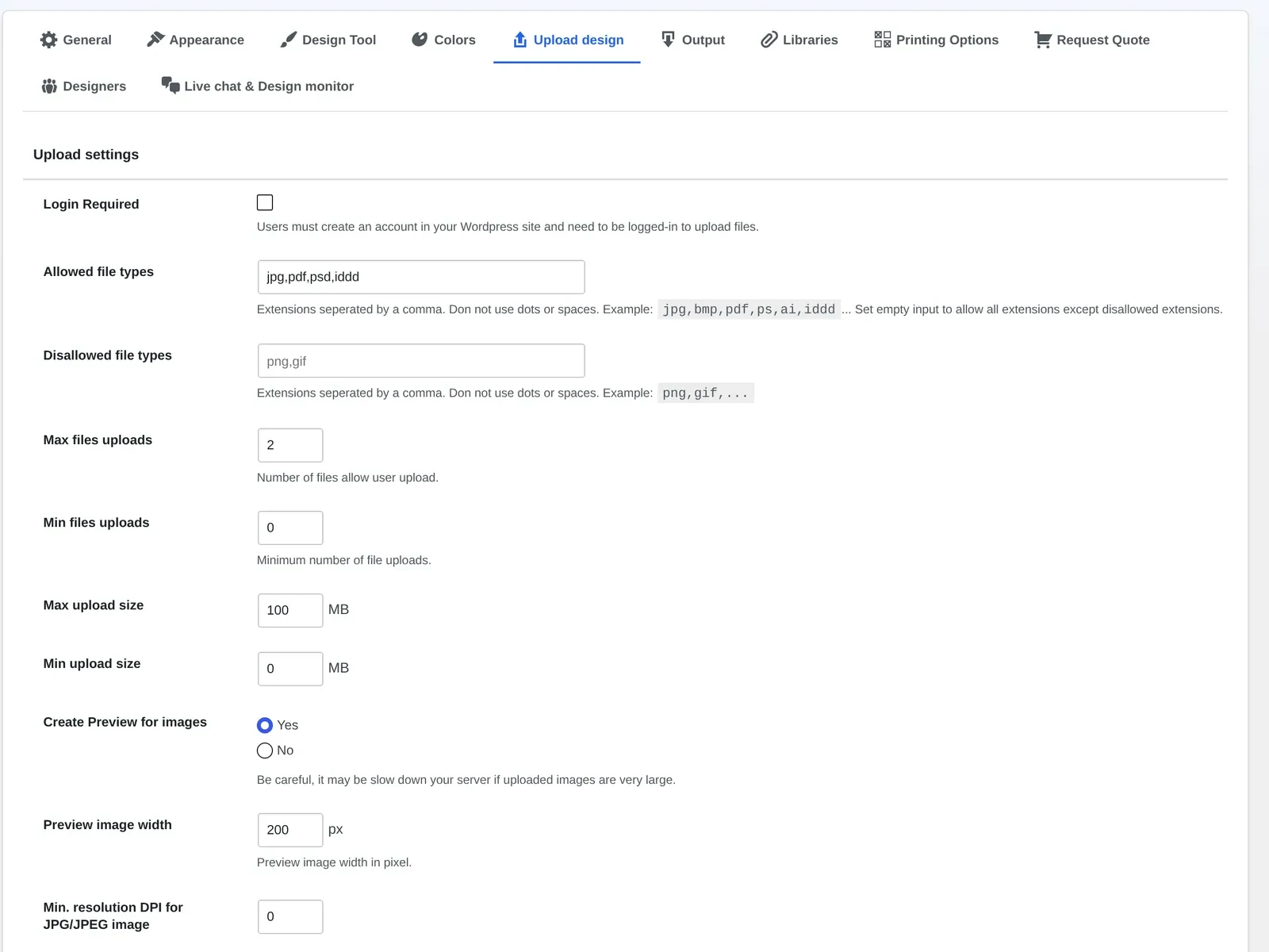 Cmsmart upload settings showing allowed file types, size limits and minimum DPI for customer uploads
