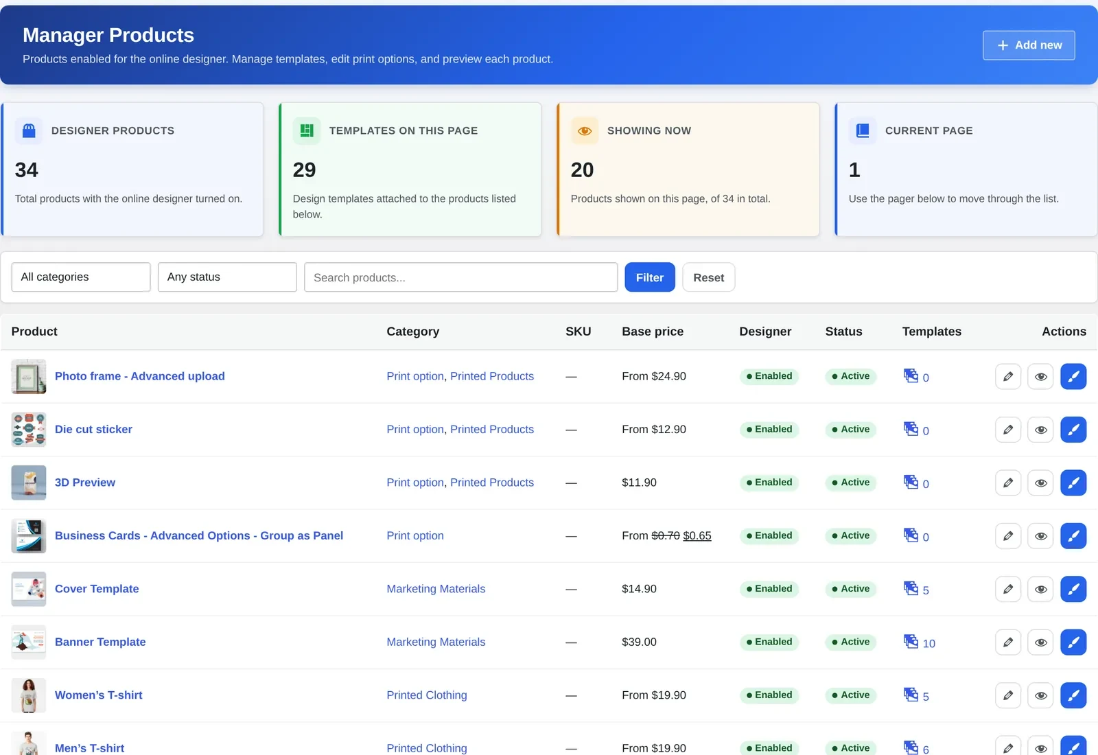 Cmsmart product manager listing every WooCommerce product with the online designer enabled