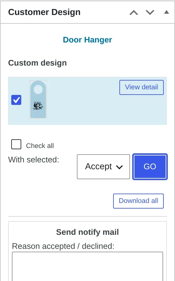 Customer Design approval box on a WooCommerce order showing accept and decline controls