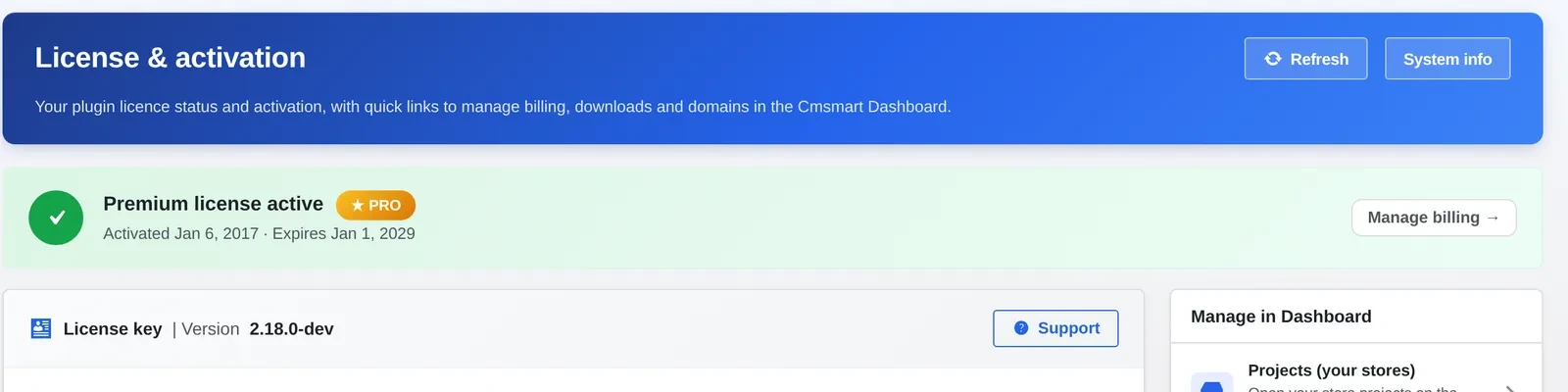Cmsmart license and activation screen showing a self-hosted plugin license tied to the store's own domain