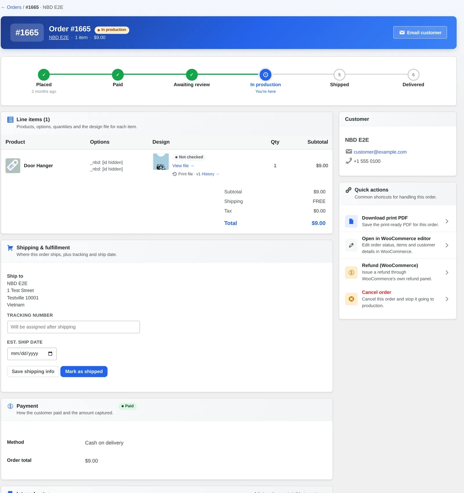 WooCommerce order detail screen showing a customer order, line items and design file stored inside the store's own database