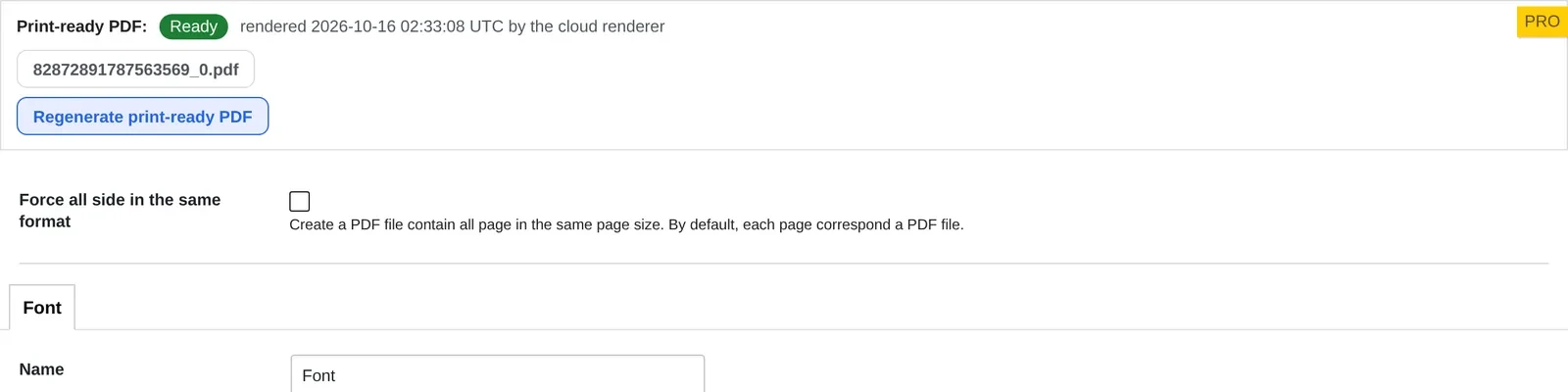 Print-ready PDF status rendered by the Cmsmart Cloud renderer on a real order, matching the order size