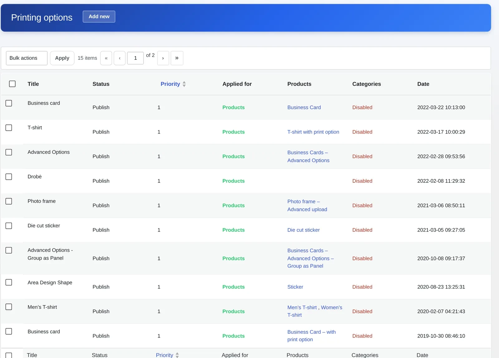 Cmsmart Printing Options list showing merchant-controlled price matrix rules for self-hosted print pricing