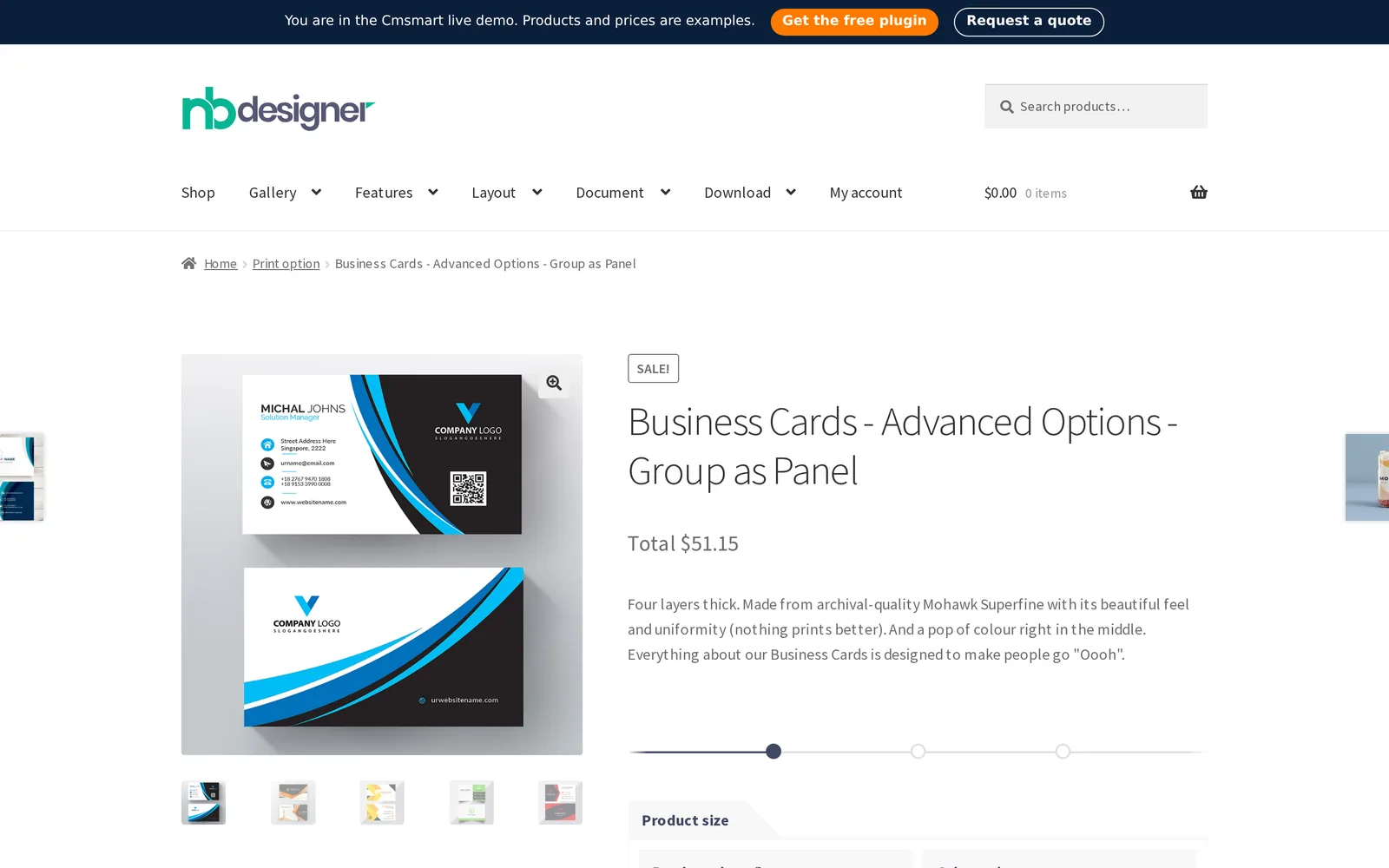 Web to print software for trade printers: a print product page showing the live total price and the product-size options a reseller picks before submitting a job