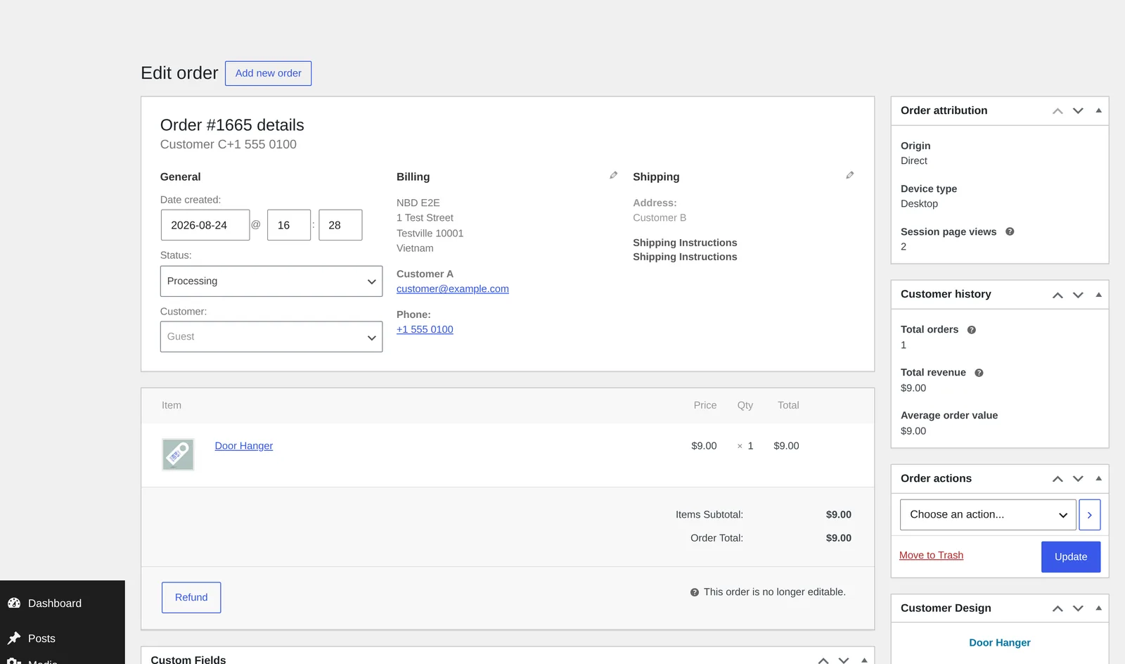 Order detail screen with a Customer history panel showing total orders, total revenue and average order value for one buyer