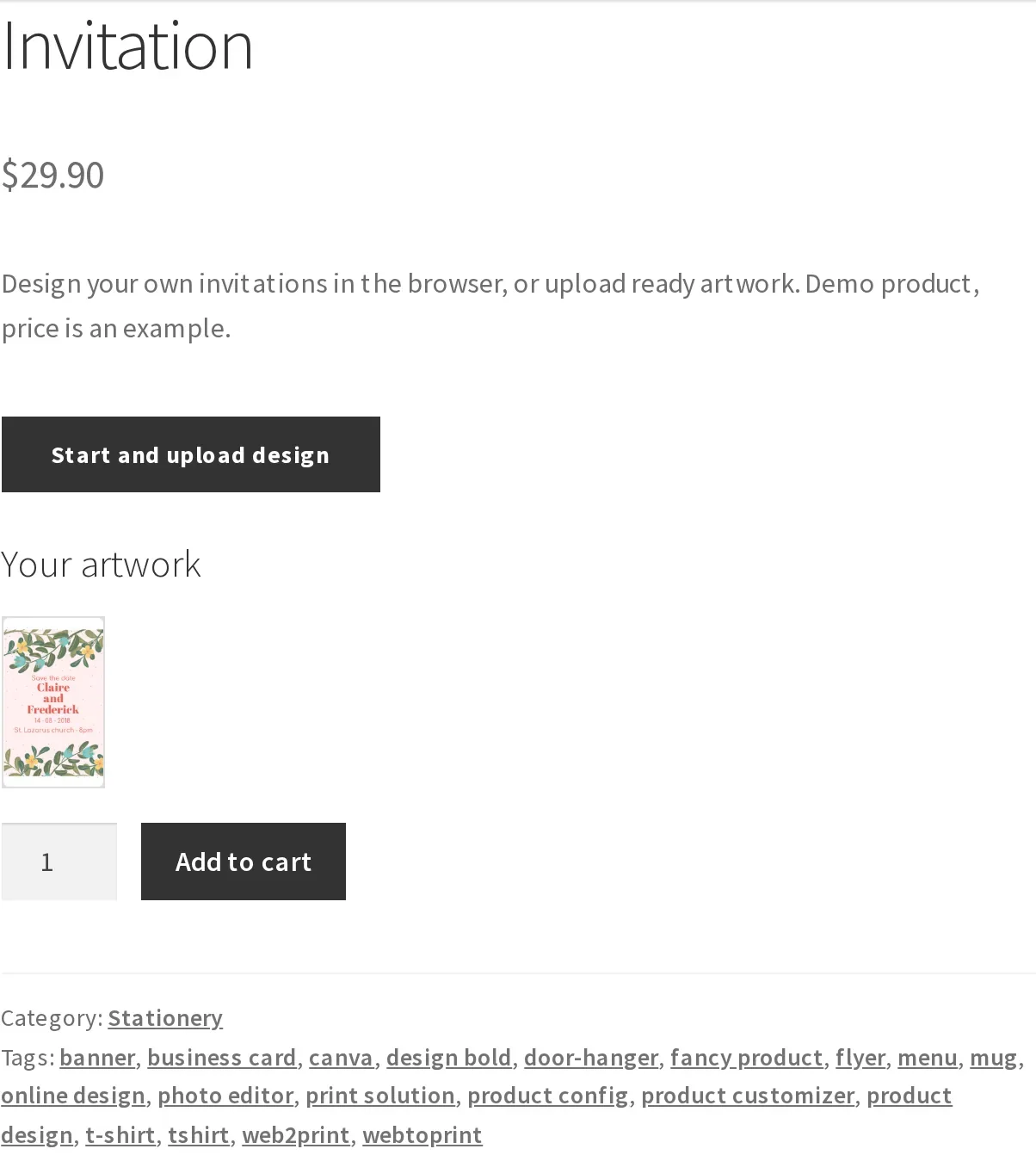Product page showing 'Your artwork' thumbnail above the quantity selector and Add to cart button after a design is saved