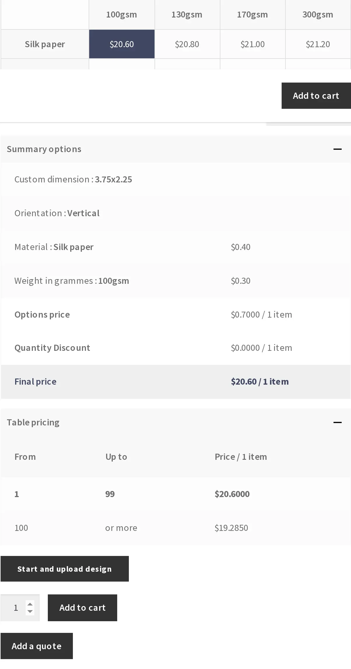 Cmsmart Pricing Options price matrix, quantity pricing table and Add a quote button on a business card product