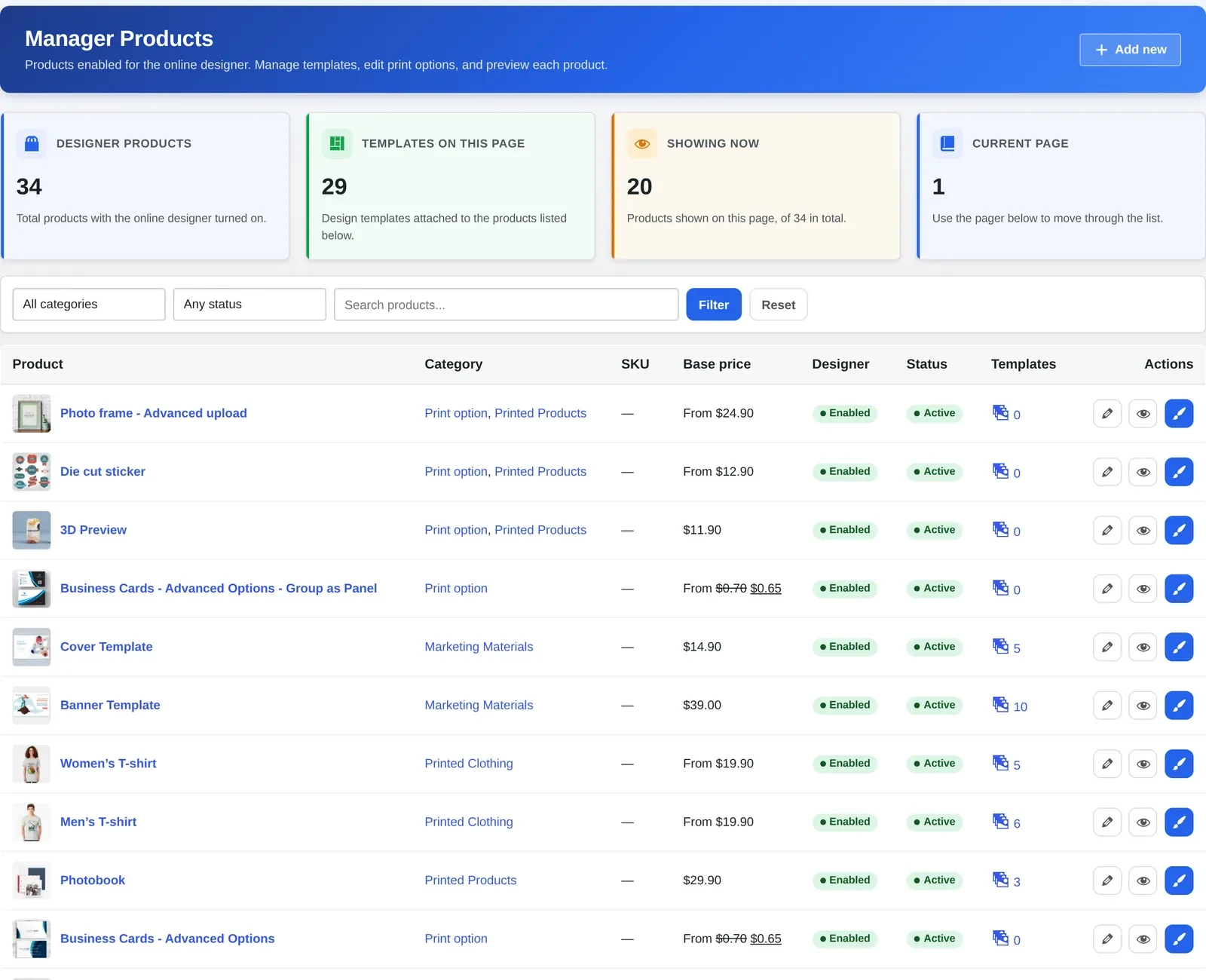 Cmsmart Manager Products screen showing 34 designer products, 29 templates across the page and 20 products shown of 34 in total