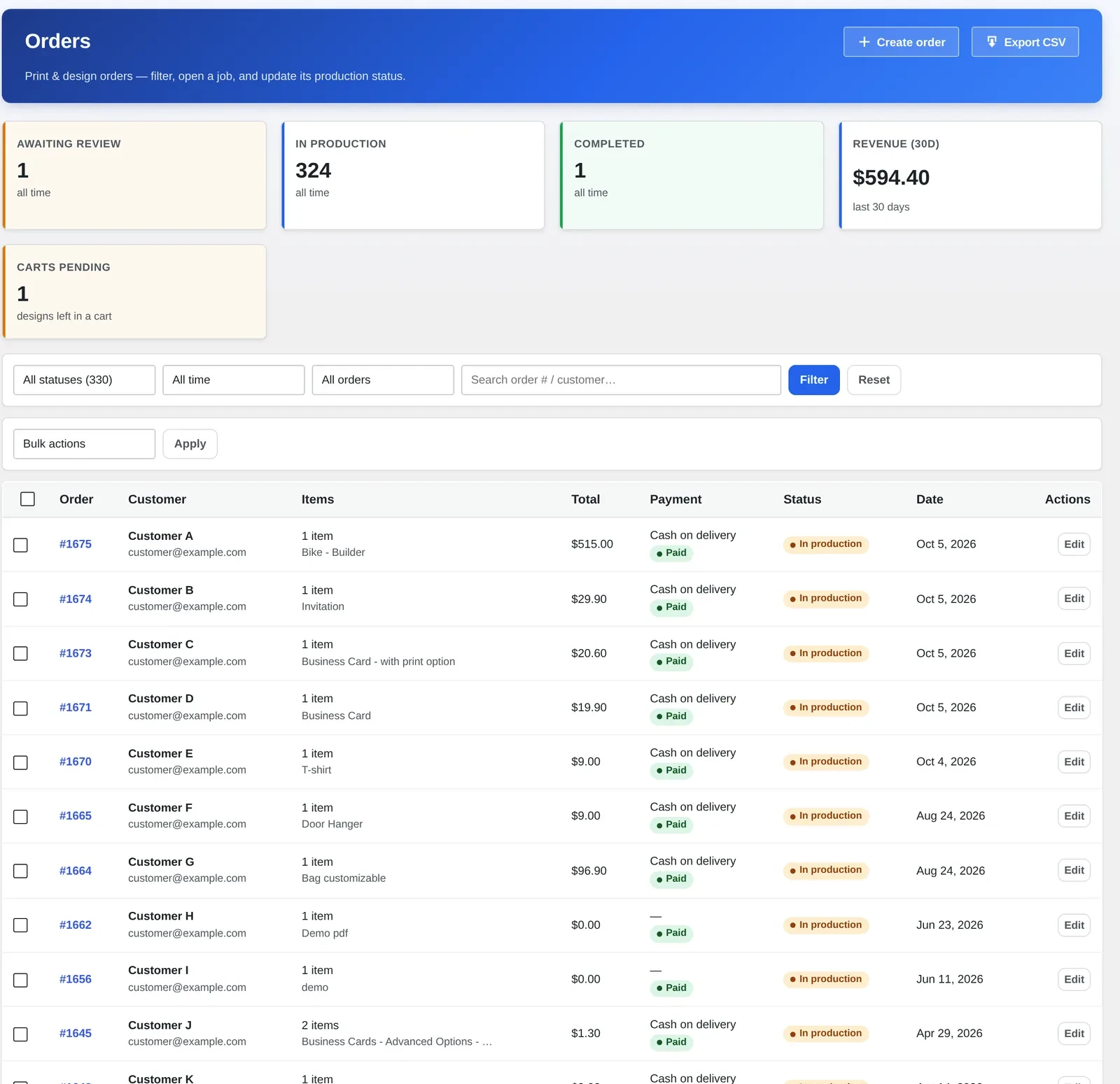 WooCommerce customer CRM print shop order list in Cmsmart Product Designer, showing customer, total and status per order