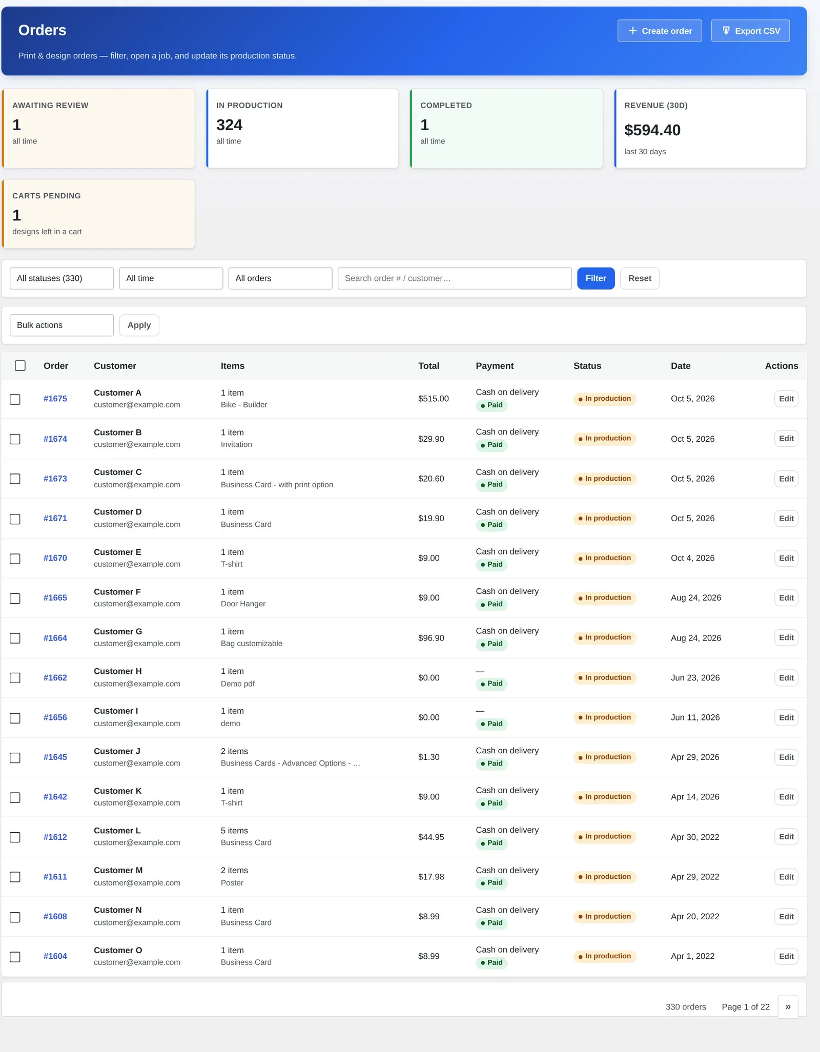 Order management screen showing production status, payment status and totals for a list of print and design orders