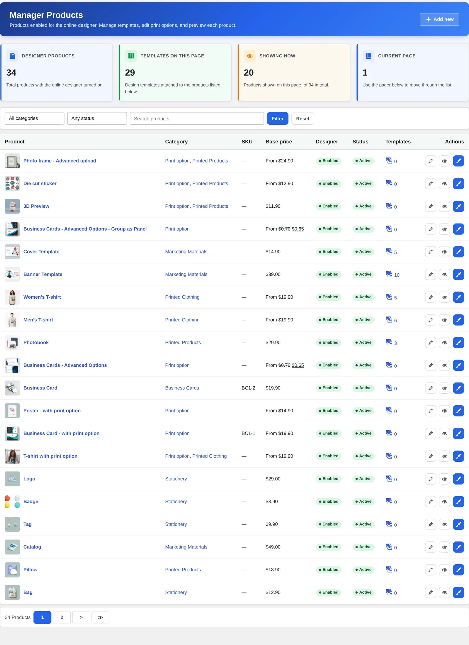 Admin product manager screen listing products enabled for online design, with status and template counts