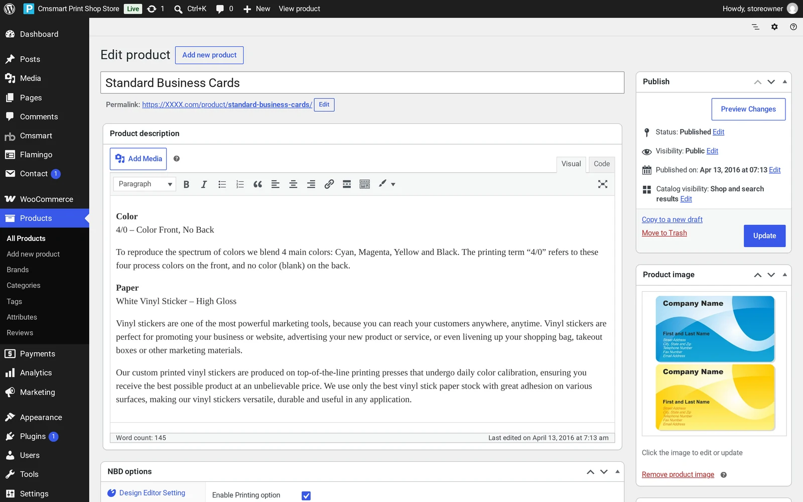 WordPress Edit product screen for Standard Business Cards with the product description, publish box and product image