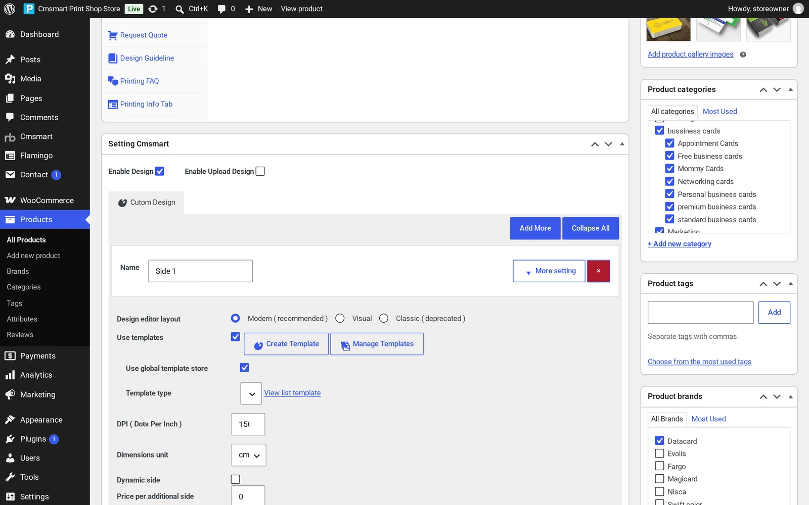Cmsmart Product Designer Setting Cmsmart box on a product edit screen, with Enable Design on, Modern editor layout, templates and DPI